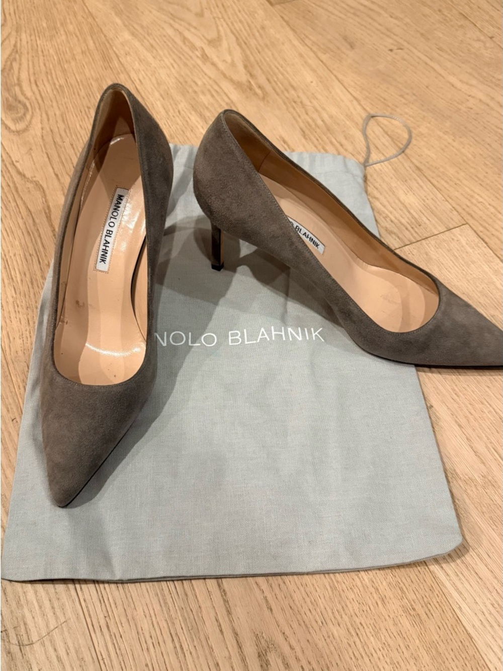 Manolo Blahnik Grey Suede Pointed-Toe Pumps